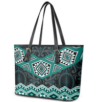 New Zealand Aotearoa Leather Tote Bag Turquoise Taniko Art Maori Pattern