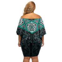 New Zealand Aotearoa Off Shoulder Short Dress Turquoise Taniko Art Maori Pattern
