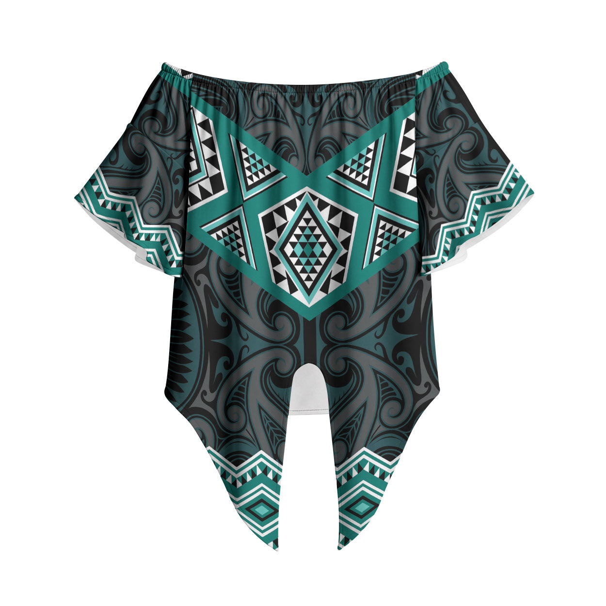 New Zealand Aotearoa Off Shoulder Wrap Waist Top Turquoise Taniko Art Maori Pattern LT05 Turquoise - Polynesian Pride