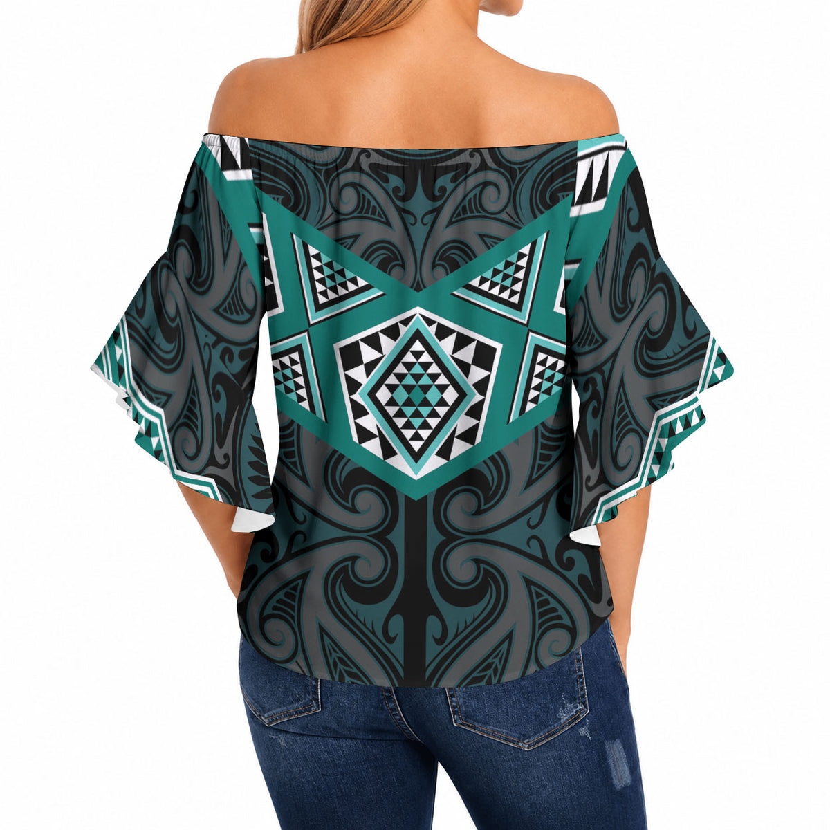 New Zealand Aotearoa Off Shoulder Wrap Waist Top Turquoise Taniko Art Maori Pattern LT05 - Polynesian Pride