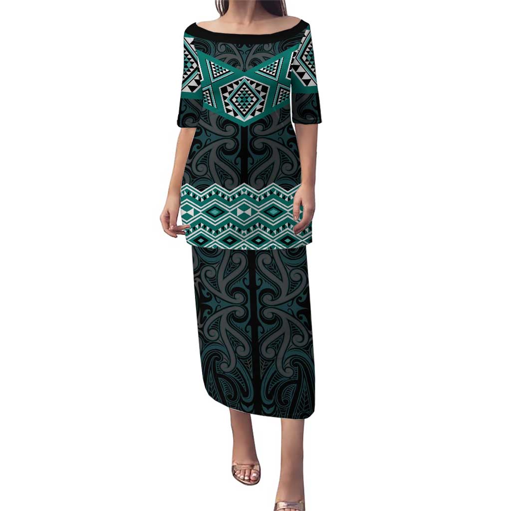 New Zealand Aotearoa Puletasi Turquoise Taniko Art Maori Pattern LT05 Long Dress Turquoise - Polynesian Pride