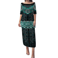 New Zealand Aotearoa Puletasi Turquoise Taniko Art Maori Pattern LT05 Long Dress Turquoise - Polynesian Pride