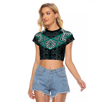 New Zealand Aotearoa Raglan Cropped T Shirt Turquoise Taniko Art Maori Pattern LT05 Female Turquoise - Polynesian Pride