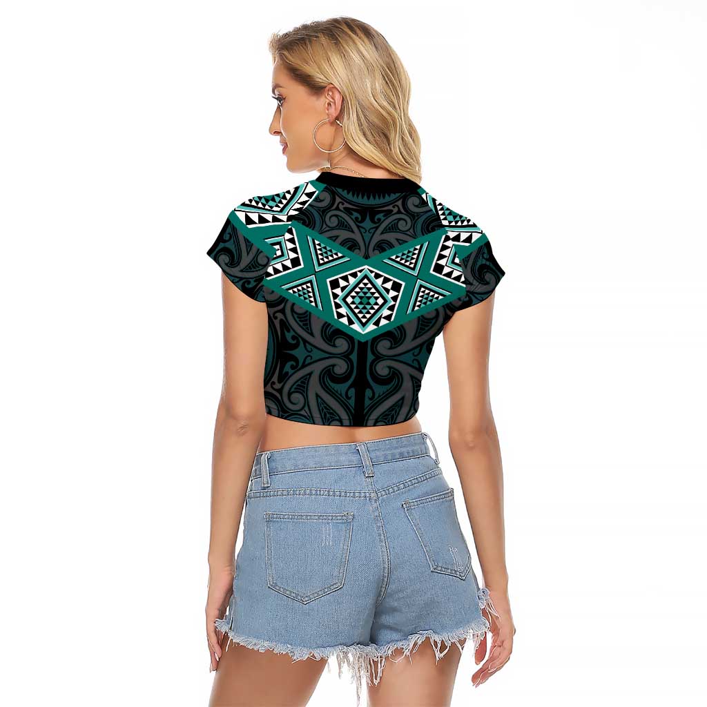 New Zealand Aotearoa Raglan Cropped T Shirt Turquoise Taniko Art Maori Pattern LT05 - Polynesian Pride