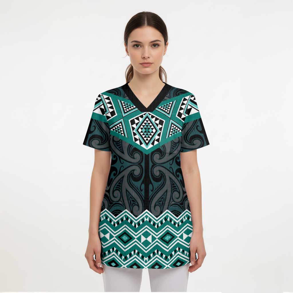 New Zealand Aotearoa Scrub Top Turquoise Taniko Art Maori Pattern - Polynesian Pride