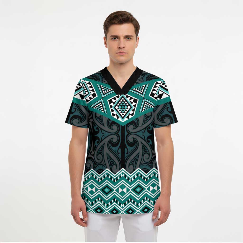New Zealand Aotearoa Scrub Top Turquoise Taniko Art Maori Pattern - Polynesian Pride
