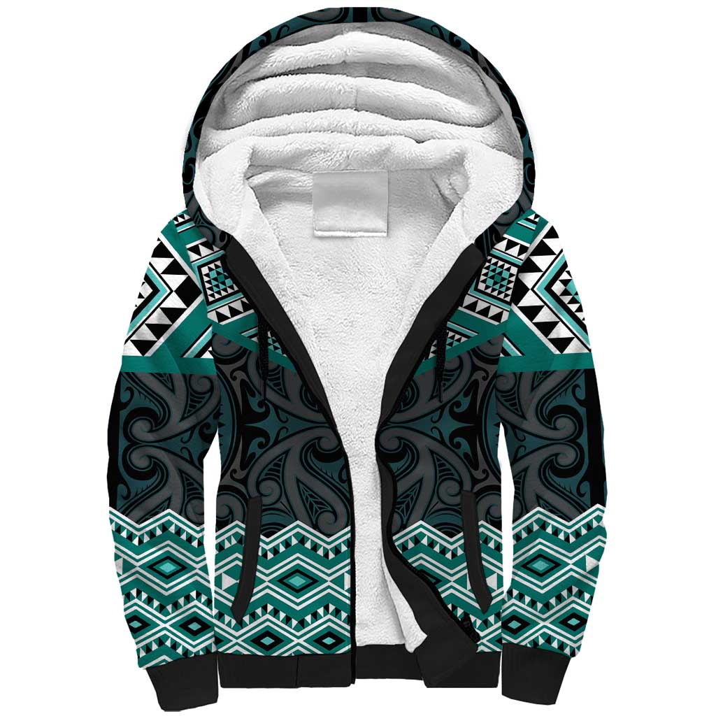 New Zealand Aotearoa Sherpa Hoodie Turquoise Taniko Art Maori Pattern LT05 Unisex Turquoise - Polynesian Pride