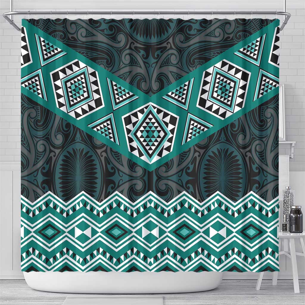 New Zealand Aotearoa Shower Curtain Turquoise Taniko Art Maori Pattern