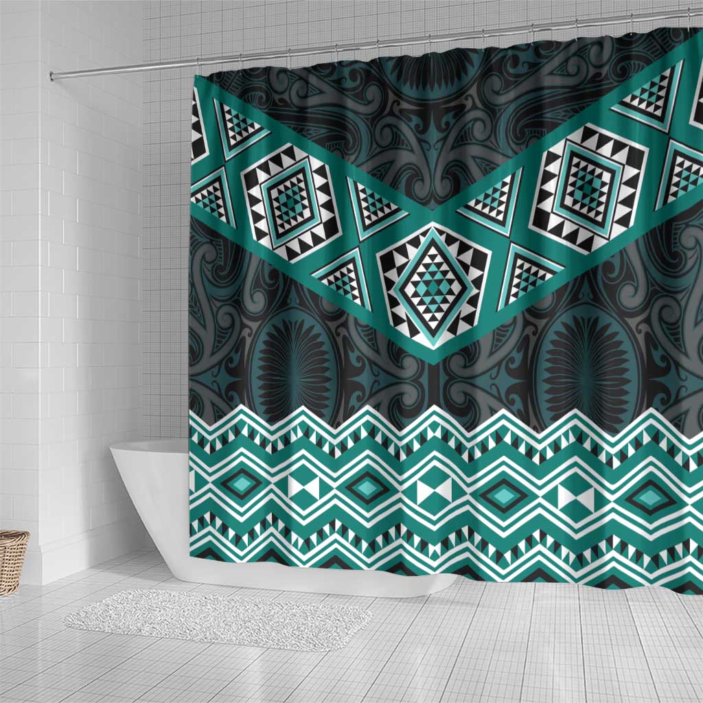 New Zealand Aotearoa Shower Curtain Turquoise Taniko Art Maori Pattern