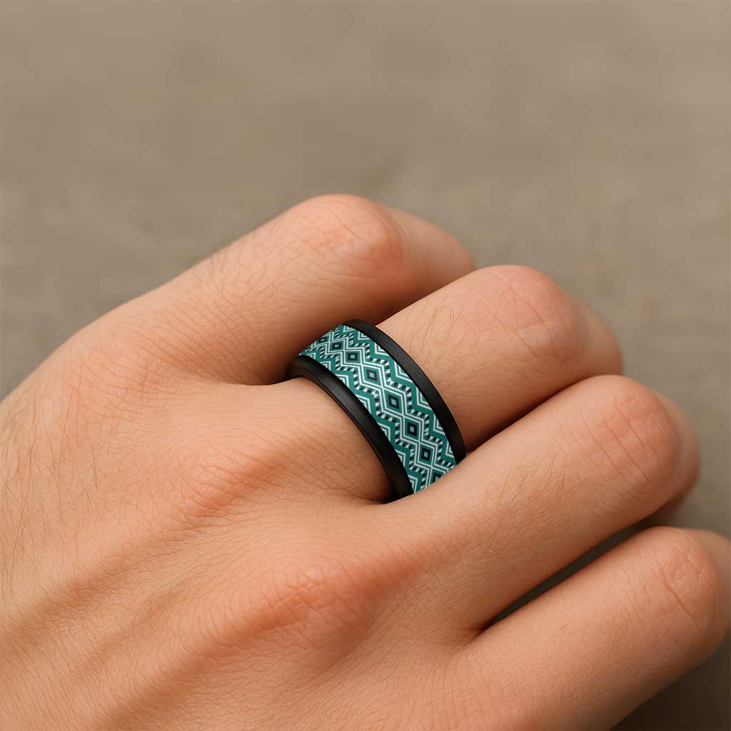 New Zealand Aotearoa Spinner Ring Turquoise Taniko Art Maori Pattern LT05 - Polynesian Pride