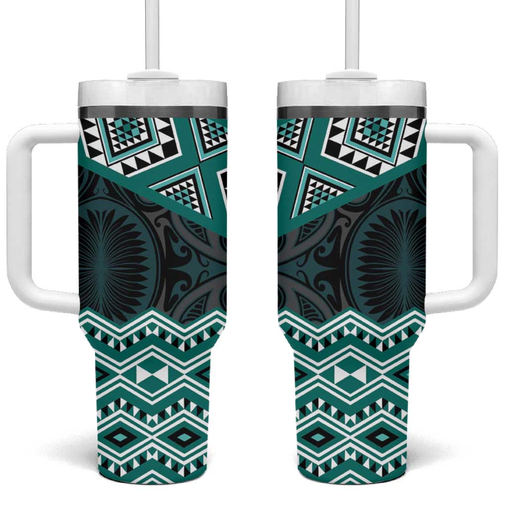 New Zealand Aotearoa Tumbler With Handle Turquoise Taniko Art Maori Pattern LT05 One Size: 40 oz Turquoise - Polynesian Pride