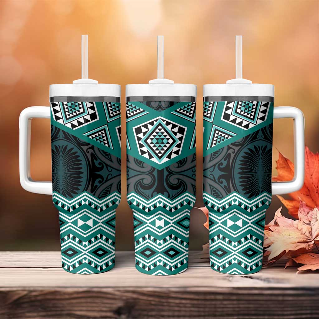 New Zealand Aotearoa Tumbler With Handle Turquoise Taniko Art Maori Pattern LT05 - Polynesian Pride