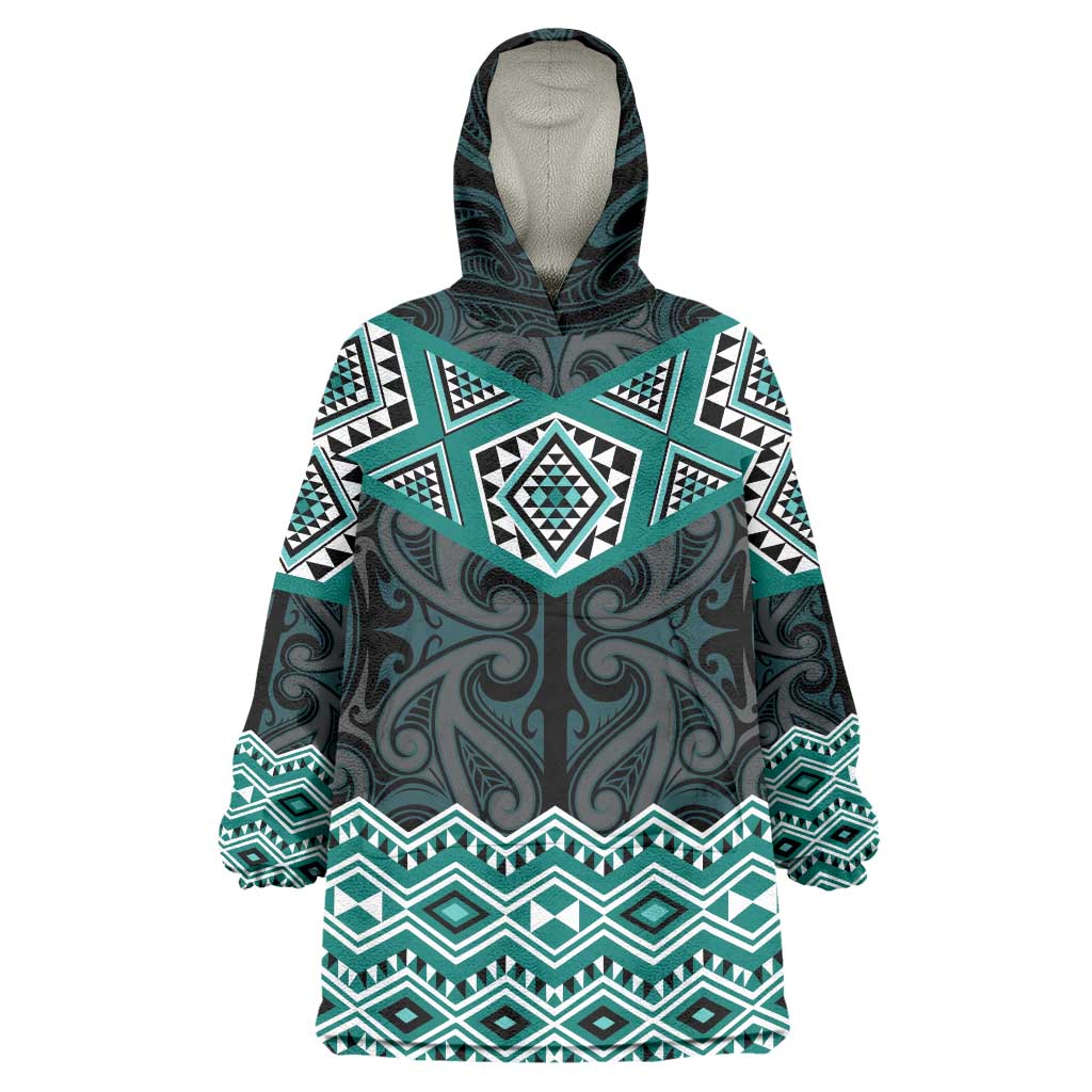 New Zealand Aotearoa Wearable Blanket Hoodie Turquoise Taniko Art Maori Pattern LT05 One Size Turquoise - Polynesian Pride