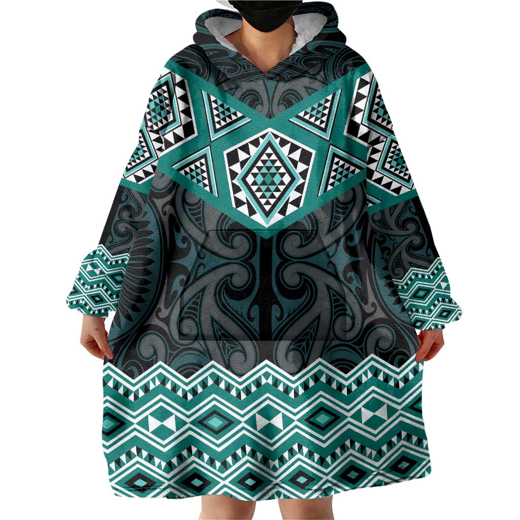 New Zealand Aotearoa Wearable Blanket Hoodie Turquoise Taniko Art Maori Pattern LT05 - Polynesian Pride