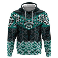 New Zealand Aotearoa Zip Hoodie Turquoise Taniko Art Maori Pattern