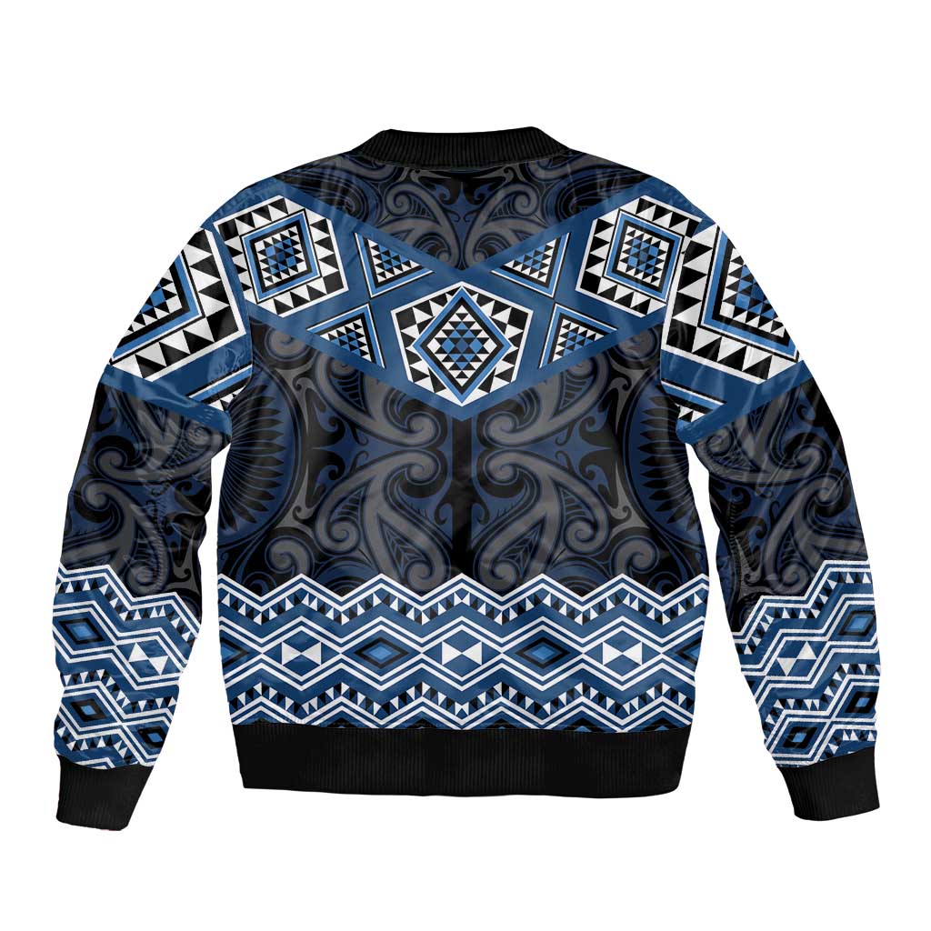 New Zealand Aotearoa Bomber Jacket Blue Taniko Art Maori Pattern