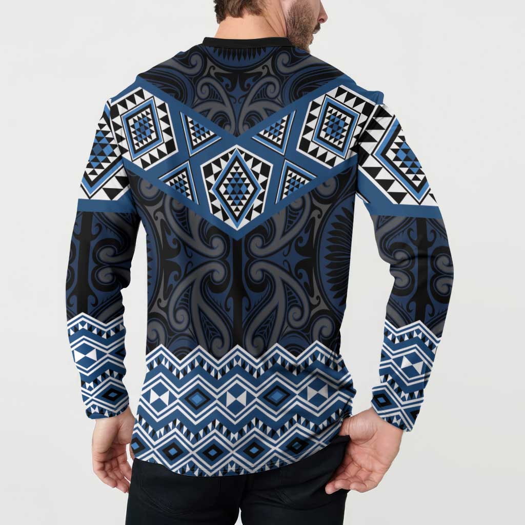 New Zealand Aotearoa Button Sweatshirt Blue Taniko Art Maori Pattern LT05 - Polynesian Pride