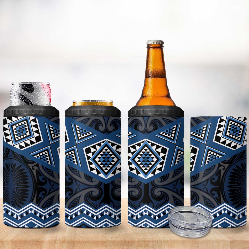 New Zealand Aotearoa 4 in 1 Can Cooler Tumbler Blue Taniko Art Maori Pattern LT05 - Polynesian Pride