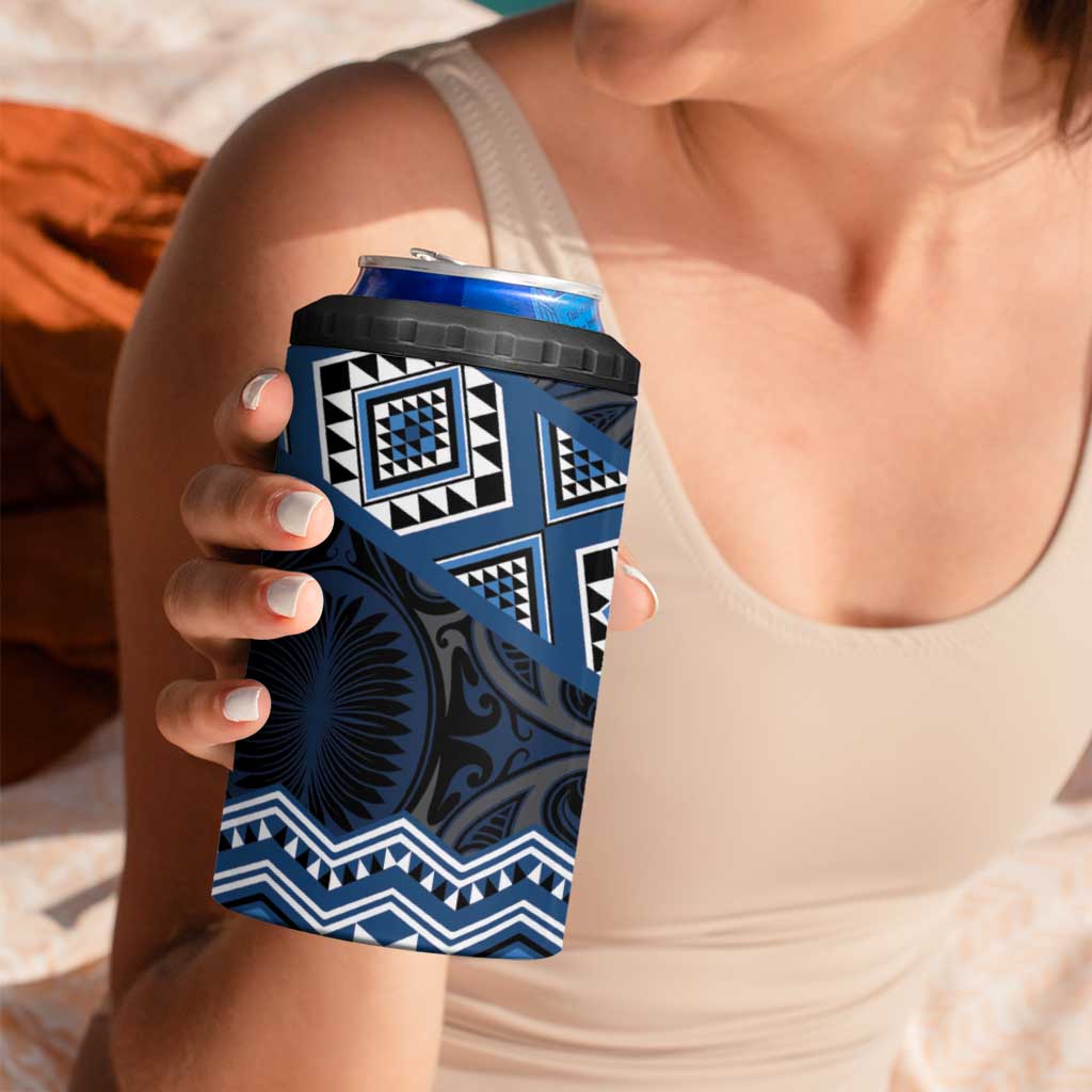 New Zealand Aotearoa 4 in 1 Can Cooler Tumbler Blue Taniko Art Maori Pattern LT05 - Polynesian Pride