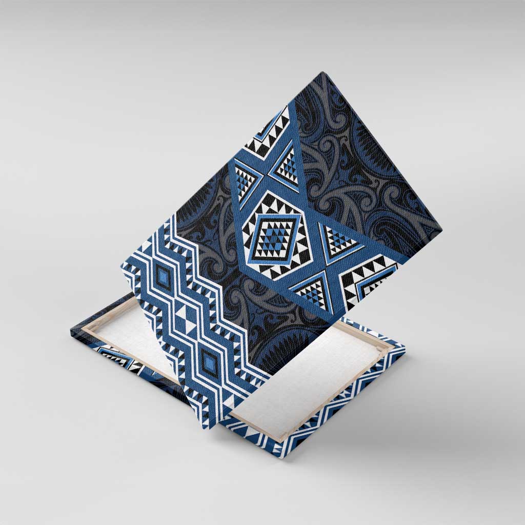 New Zealand Aotearoa Canvas Wall Art Blue Taniko Art Maori Pattern LT05 With Frame Blue - Polynesian Pride