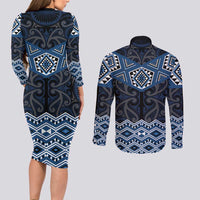 New Zealand Aotearoa Couples Matching Long Sleeve Bodycon Dress and Long Sleeve Button Shirt Blue Taniko Art Maori Pattern LT05 - Polynesian Pride