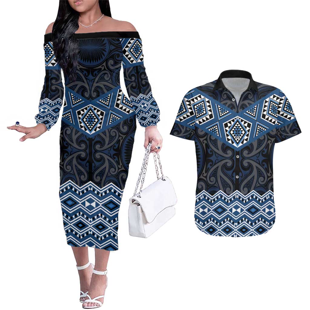 New Zealand Aotearoa Couples Matching Off The Shoulder Long Sleeve Dress and Hawaiian Shirt Blue Taniko Art Maori Pattern LT05 Blue - Polynesian Pride
