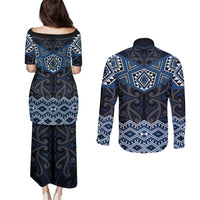 New Zealand Aotearoa Couples Matching Puletasi and Long Sleeve Button Shirt Blue Taniko Art Maori Pattern LT05 - Polynesian Pride