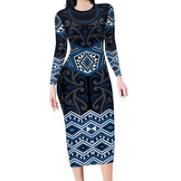 New Zealand Aotearoa Family Matching Long Sleeve Bodycon Dress and Hawaiian Shirt Blue Taniko Art Maori Pattern
