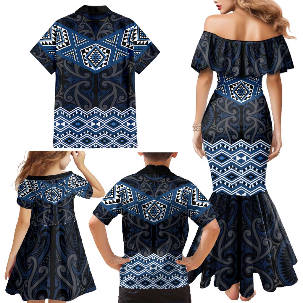 New Zealand Aotearoa Family Matching Mermaid Dress and Hawaiian Shirt Blue Taniko Art Maori Pattern