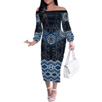 New Zealand Aotearoa Family Matching Off The Shoulder Long Sleeve Dress and Hawaiian Shirt Blue Taniko Art Maori Pattern