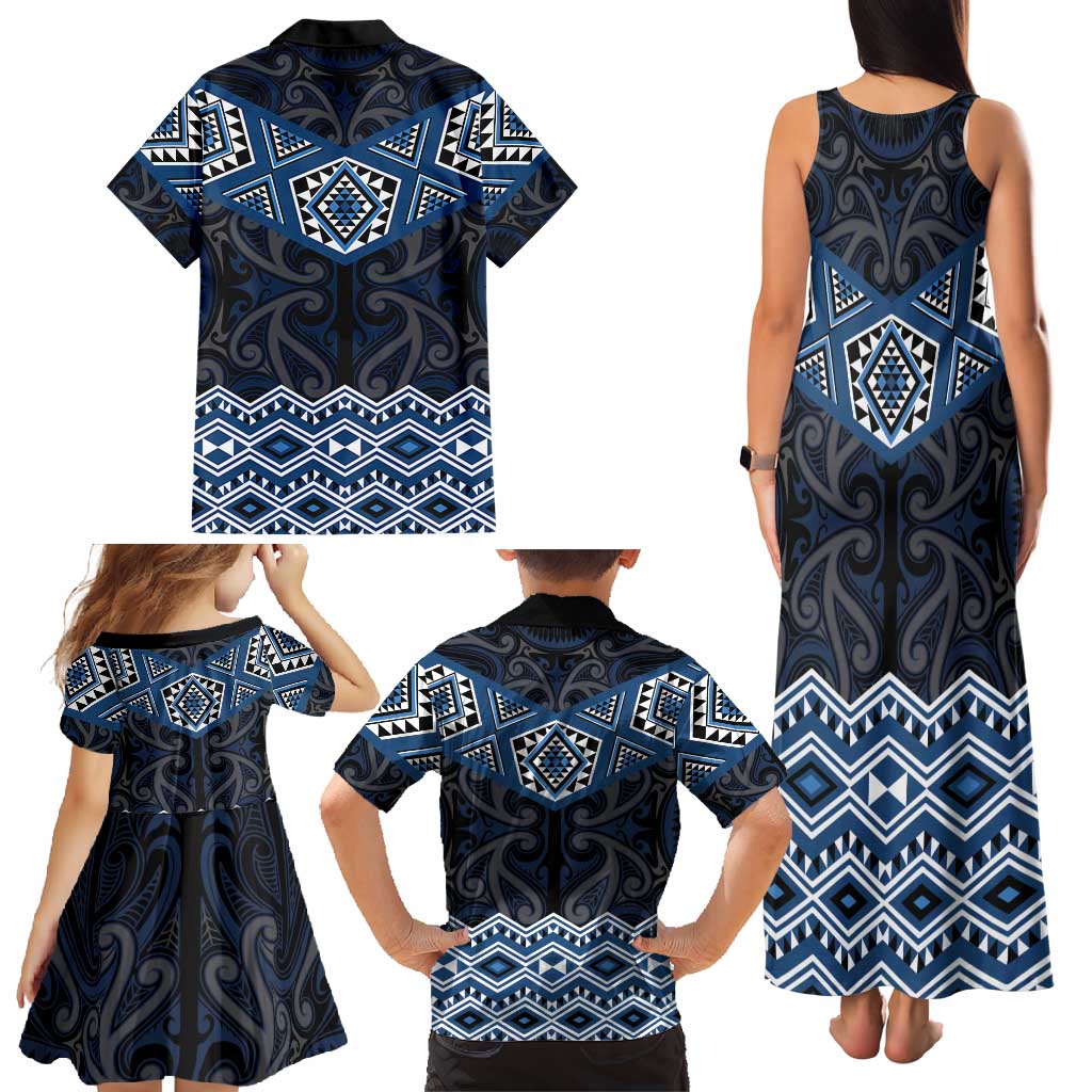 New Zealand Aotearoa Family Matching Tank Maxi Dress and Hawaiian Shirt Blue Taniko Art Maori Pattern