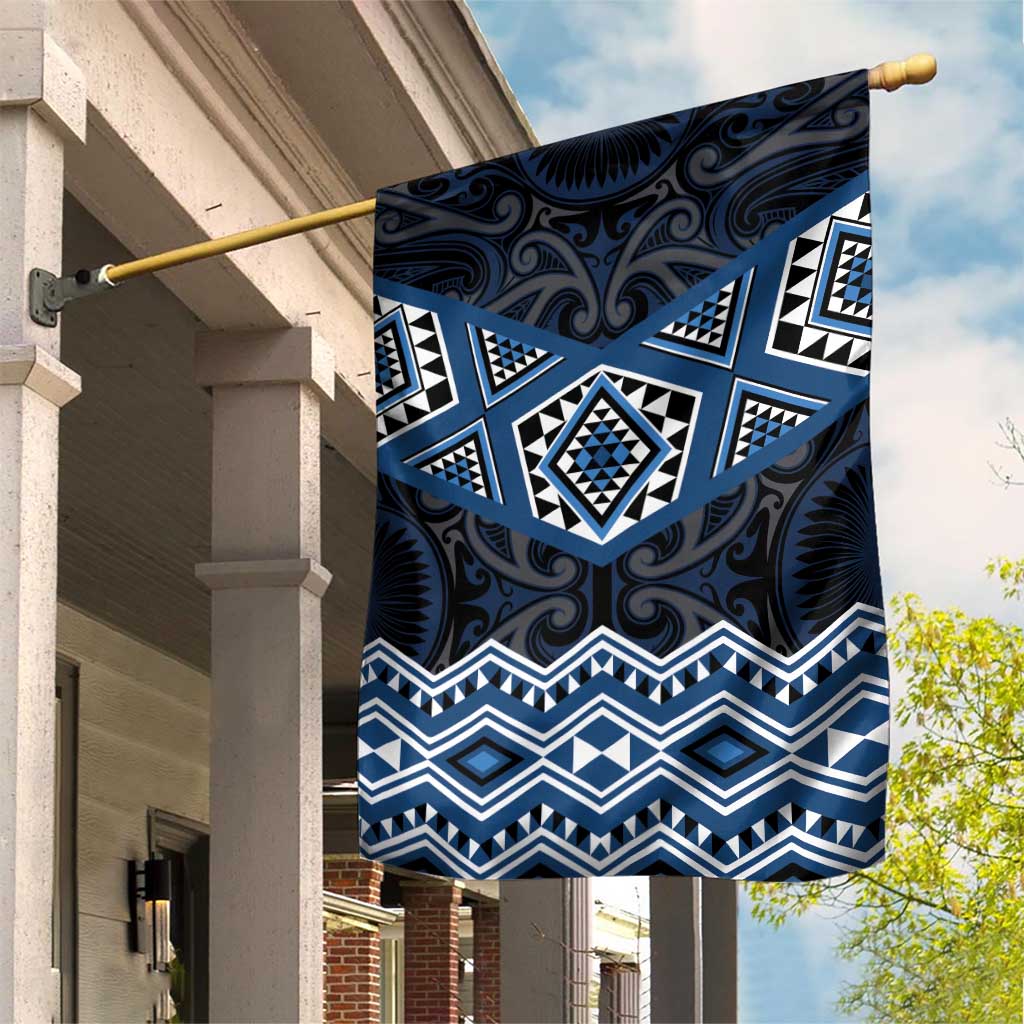 New Zealand Aotearoa Garden Flag Blue Taniko Art Maori Pattern