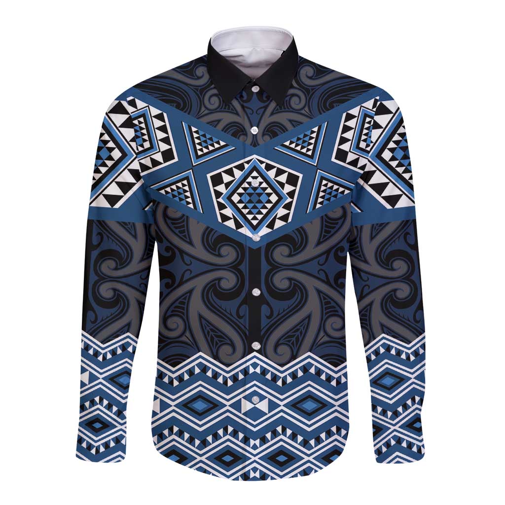 New Zealand Aotearoa Long Sleeve Button Shirt Blue Taniko Art Maori Pattern LT05 Unisex Blue - Polynesian Pride
