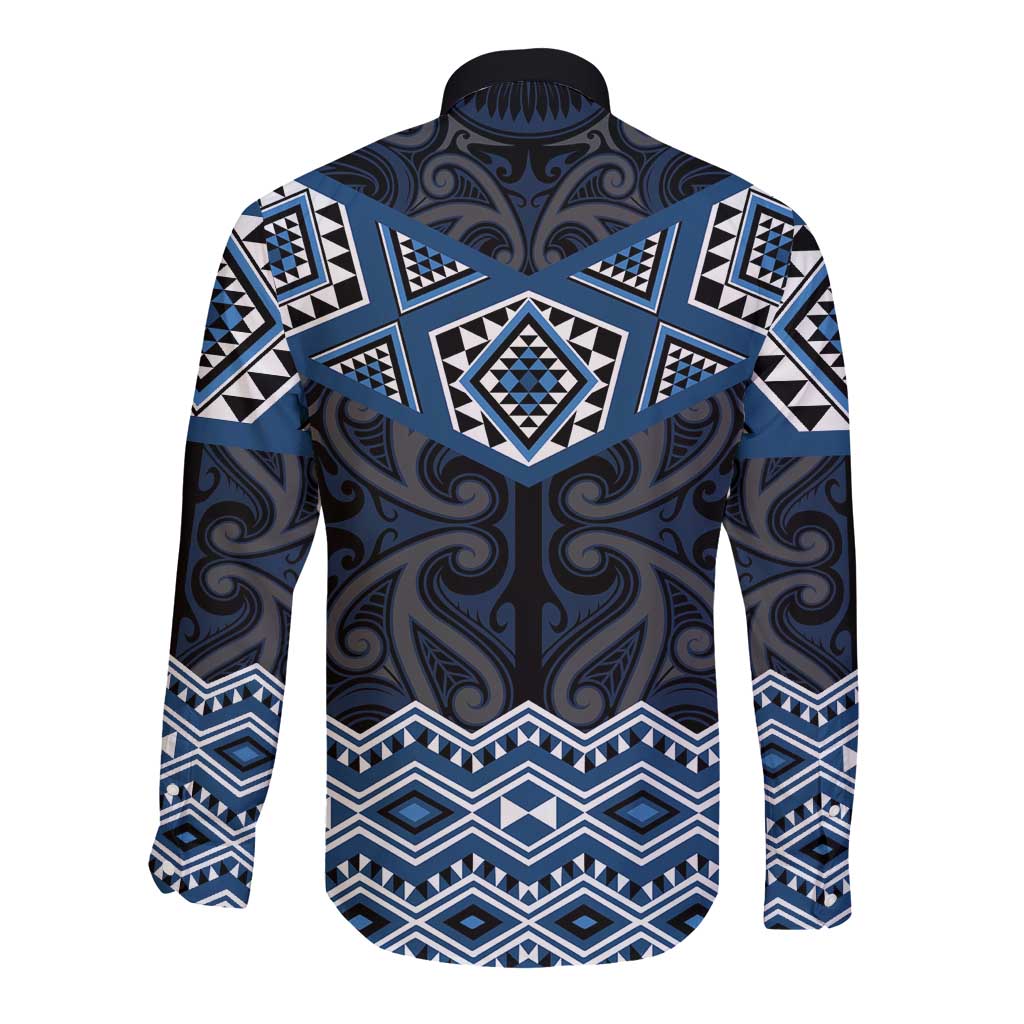New Zealand Aotearoa Long Sleeve Button Shirt Blue Taniko Art Maori Pattern LT05 - Polynesian Pride