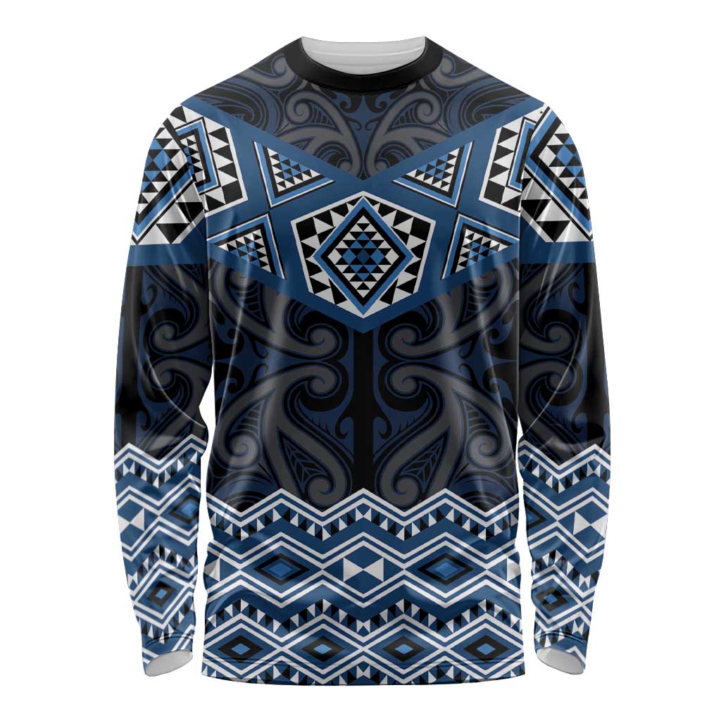 New Zealand Aotearoa Long Sleeve Shirt Blue Taniko Art Maori Pattern LT05 Unisex Blue - Polynesian Pride