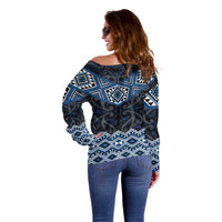 New Zealand Aotearoa Off Shoulder Sweater Blue Taniko Art Maori Pattern