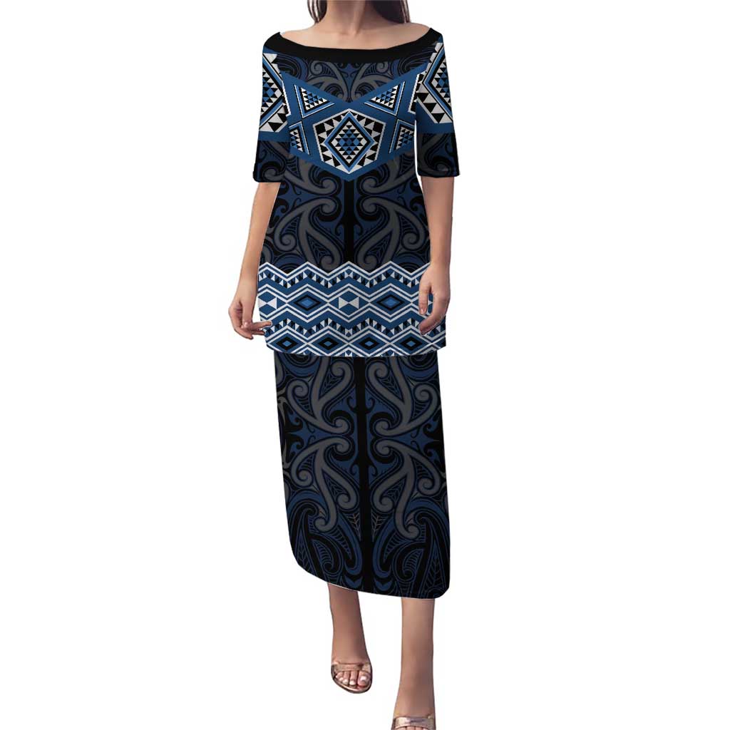 New Zealand Aotearoa Puletasi Blue Taniko Art Maori Pattern LT05 Long Dress Blue - Polynesian Pride