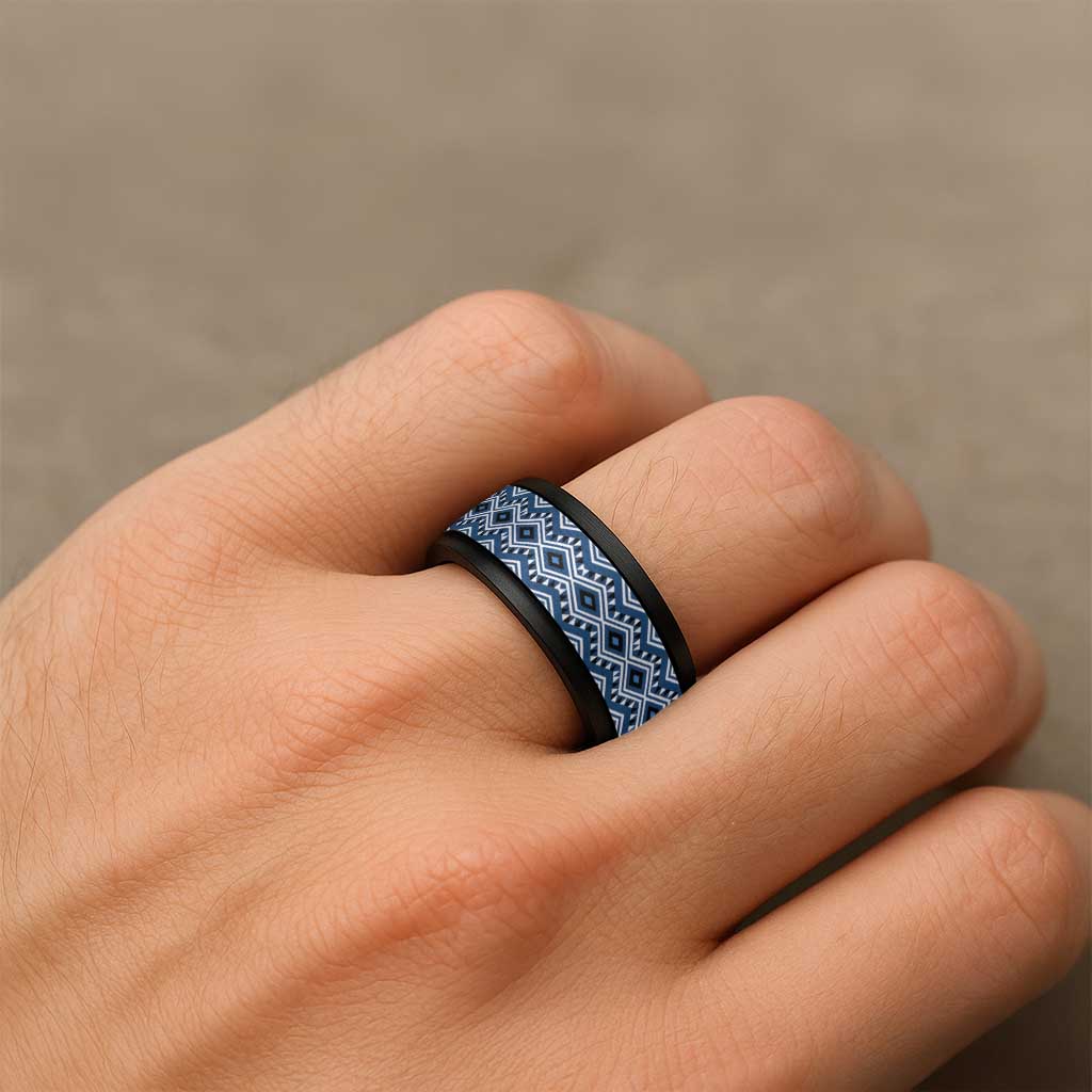 New Zealand Aotearoa Spinner Ring Blue Taniko Art Maori Pattern LT05 - Polynesian Pride