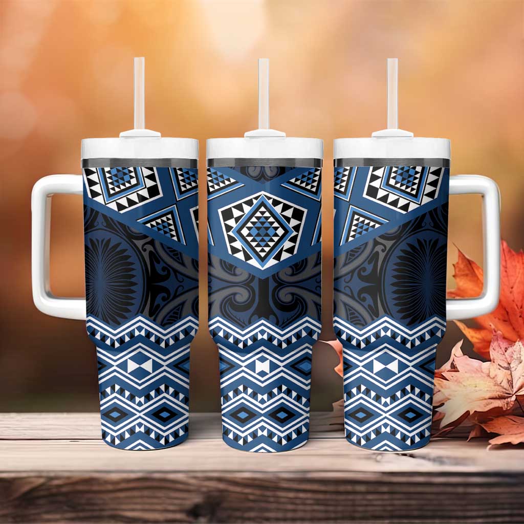 New Zealand Aotearoa Tumbler With Handle Blue Taniko Art Maori Pattern LT05 - Polynesian Pride
