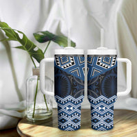 New Zealand Aotearoa Tumbler With Handle Blue Taniko Art Maori Pattern LT05 - Polynesian Pride