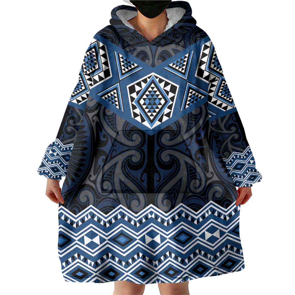 New Zealand Aotearoa Wearable Blanket Hoodie Blue Taniko Art Maori Pattern LT05 - Polynesian Pride