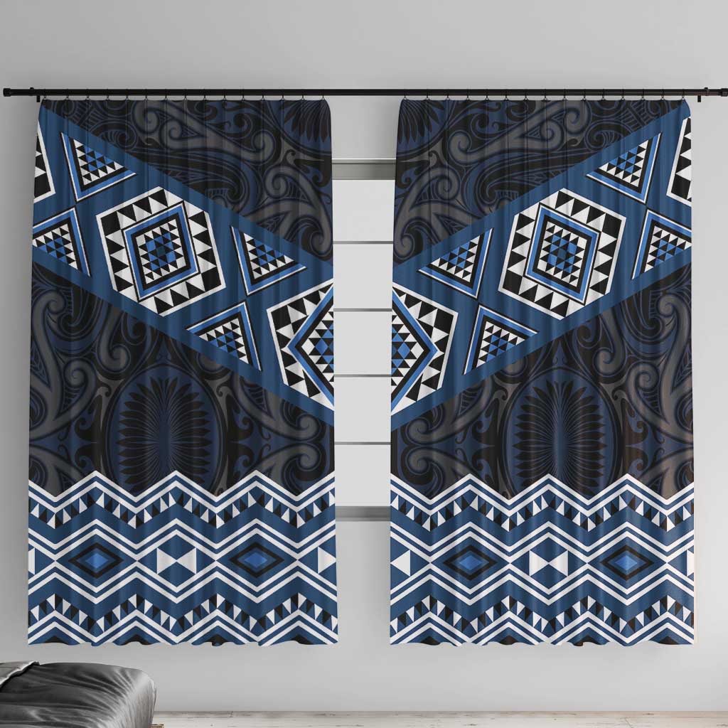 New Zealand Aotearoa Window Curtain Blue Taniko Art Maori Pattern LT05 With Hooks Blue - Polynesian Pride