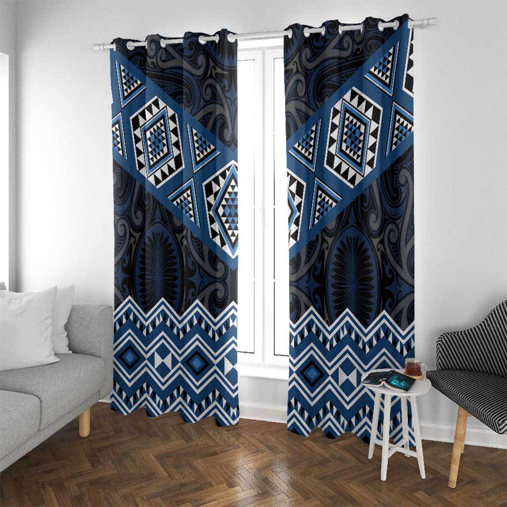 New Zealand Aotearoa Window Curtain Blue Taniko Art Maori Pattern LT05 With Grommets Blue - Polynesian Pride