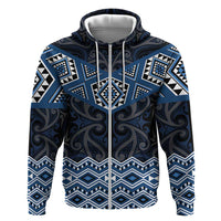 New Zealand Aotearoa Zip Hoodie Blue Taniko Art Maori Pattern