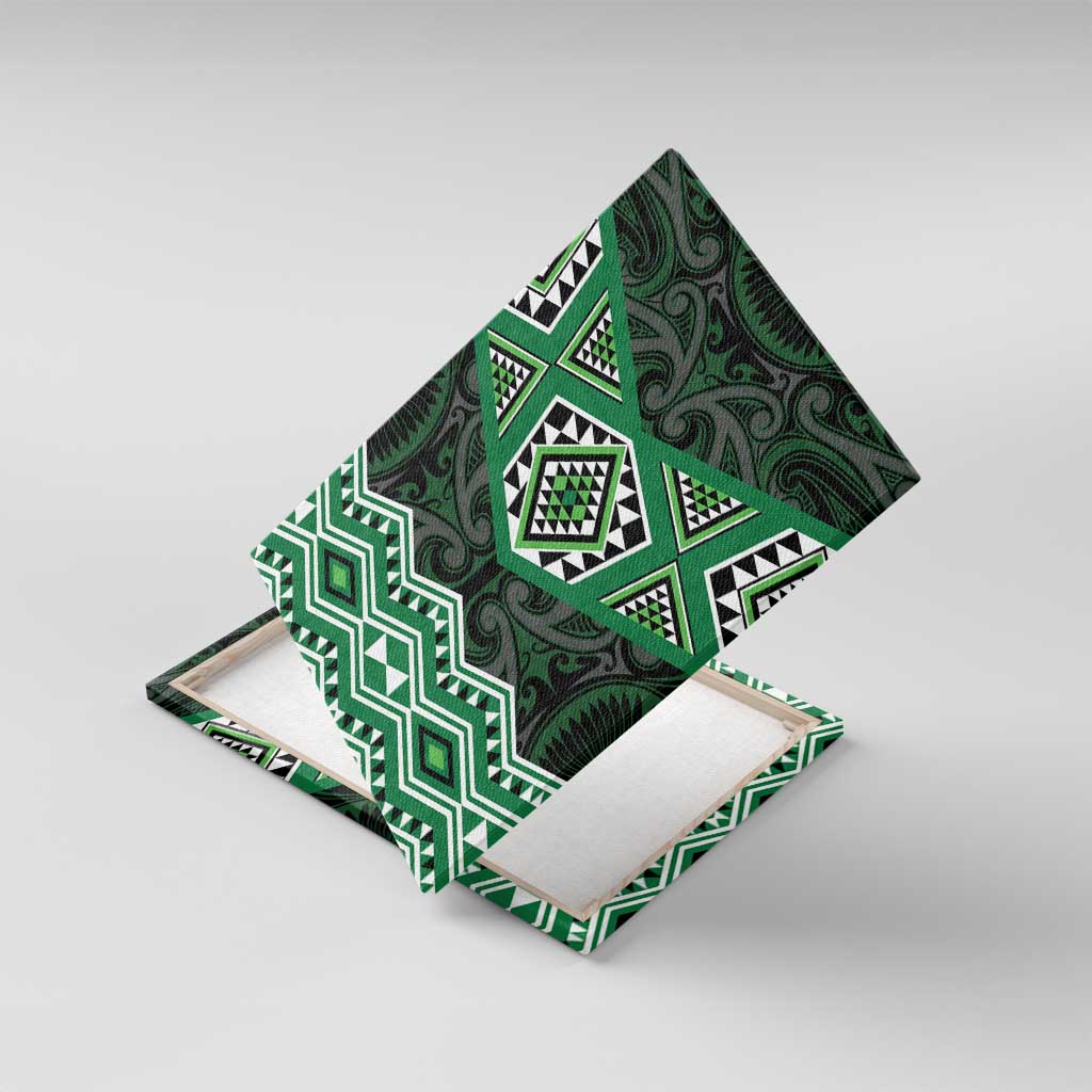 New Zealand Aotearoa Canvas Wall Art Green Taniko Art Maori Pattern LT05 With Frame Green - Polynesian Pride