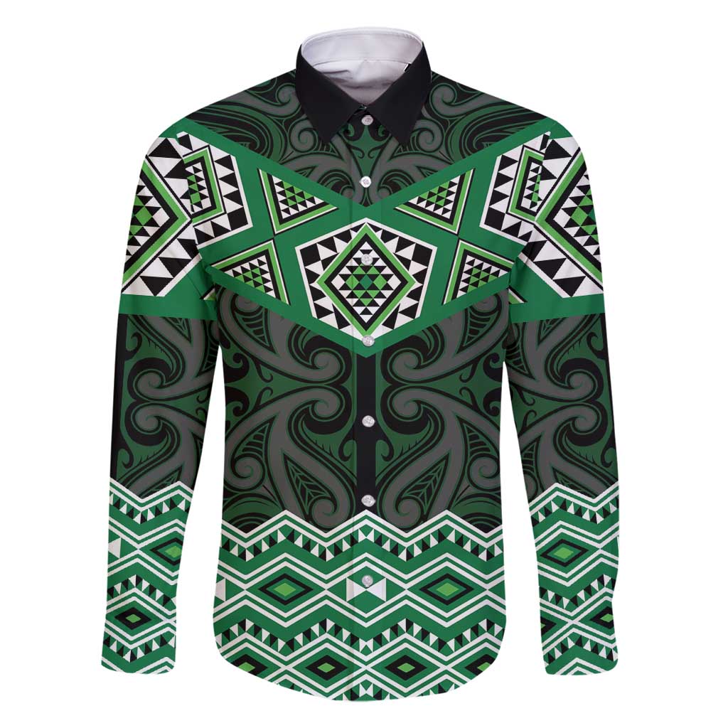 New Zealand Aotearoa Family Matching Long Sleeve Bodycon Dress and Hawaiian Shirt Green Taniko Art Maori Pattern