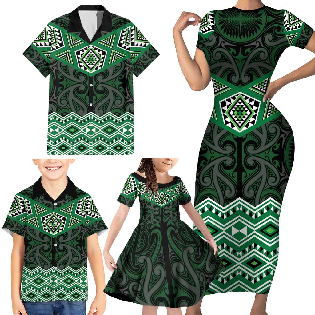 New Zealand Aotearoa Family Matching Short Sleeve Bodycon Dress and Hawaiian Shirt Green Taniko Art Maori Pattern