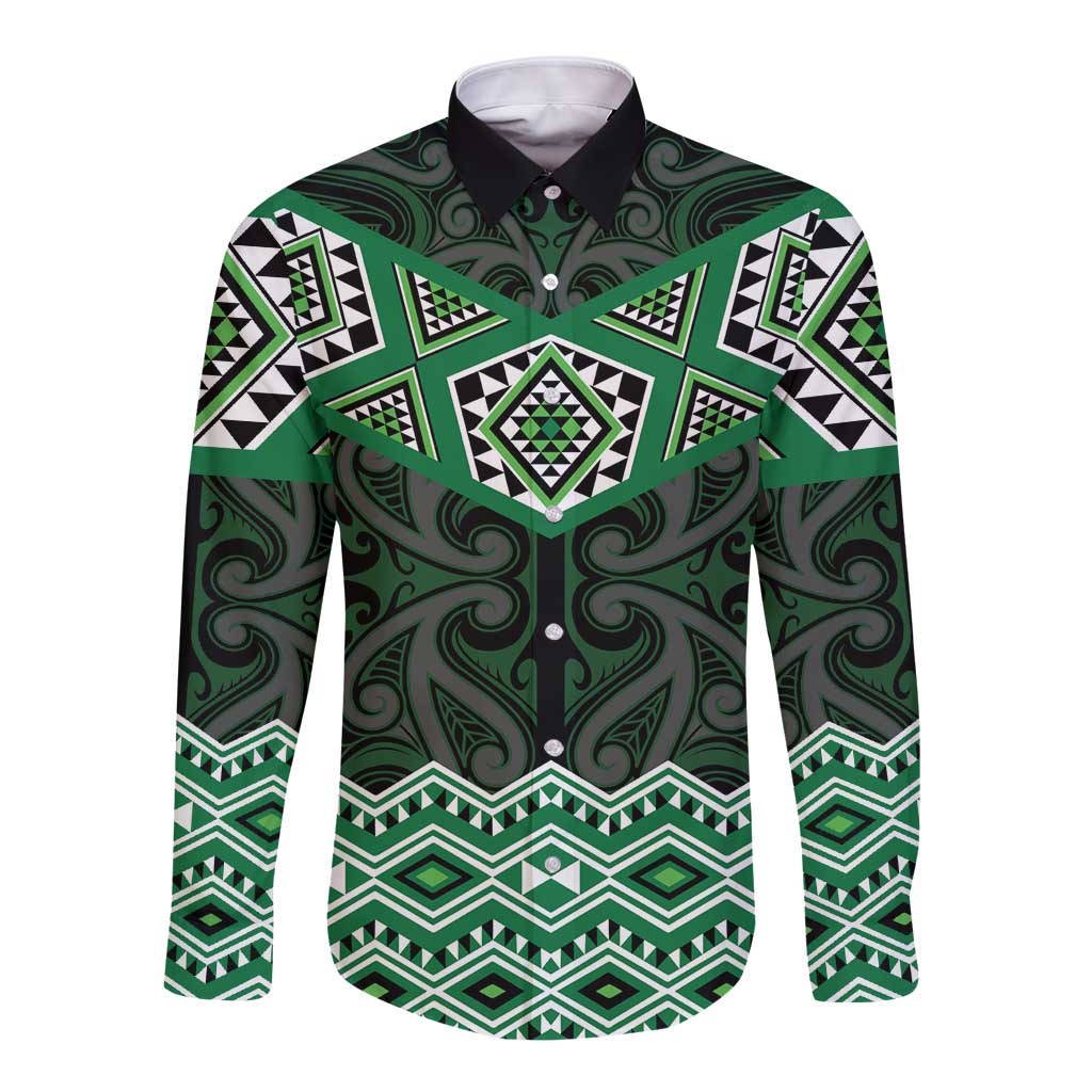 New Zealand Aotearoa Long Sleeve Button Shirt Green Taniko Art Maori Pattern LT05 Unisex Green - Polynesian Pride