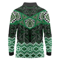 New Zealand Aotearoa Long Sleeve Polo Shirt Green Taniko Art Maori Pattern