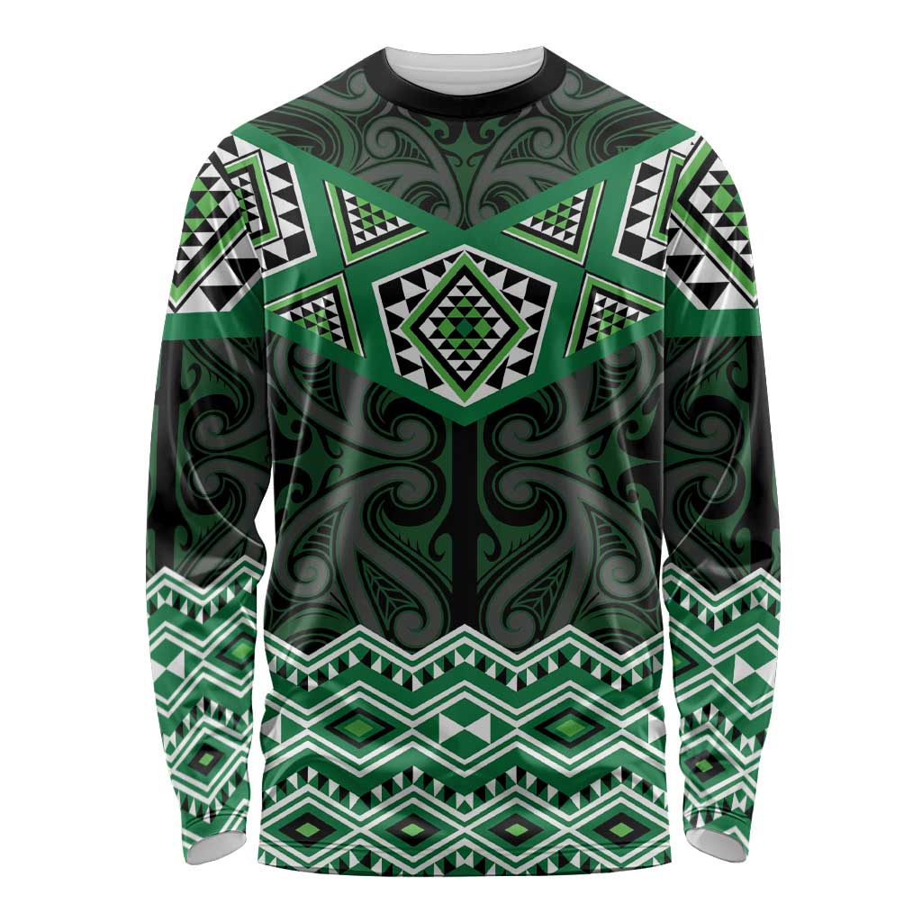 New Zealand Aotearoa Long Sleeve Shirt Green Taniko Art Maori Pattern LT05 Unisex Green - Polynesian Pride